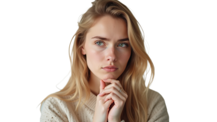 A woman with blonde hair looks thoughtfully at the camera, resting her chin on her hand.