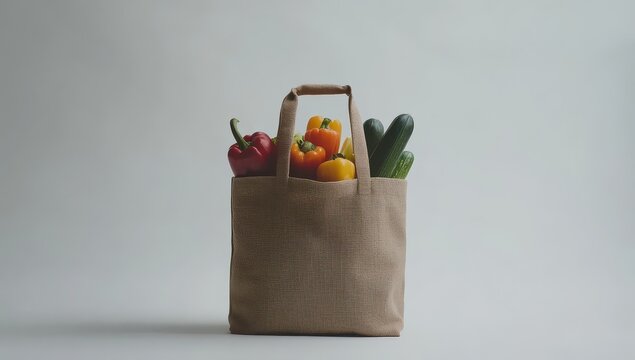 A beige reusable tote bag filled with red, yellow, and orange bell peppers and green cucumbers sits on a light gray background