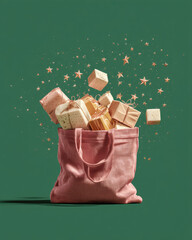 Dusty rose reusable grocery bag overflowing with organic goods, offering a practical yet stylish take on sustainable shopping