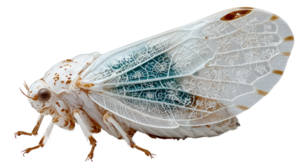 White Planthopper: A stunning close-up portrait of a white planthopper. Delicate wings shimmer with intricate patterns and subtle hues, capturing the essence of natural beauty. 