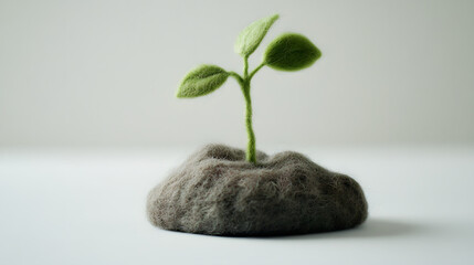 needle felted sprout growing from a soft wooly hill, handmade felt craft, small green sprout with mixed light green and fresh green leaves, soft brown and gray mound underneath, white background,