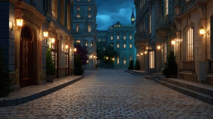 Obraz premium Charming nighttime street scene with cobblestone pavement and illuminated buildings under a dramatic sky.