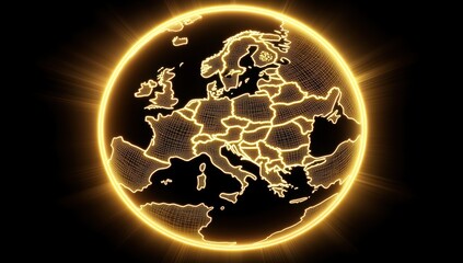 Glowing golden orb depicting a wireframe map of Europe against a black background, radiating light