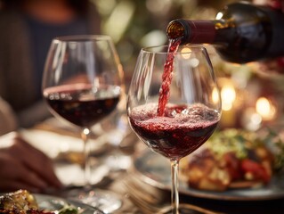Two red wine glasses sit on a table; one is being elegantly poured from a bottle, with food nearby—capturing a shared moment of indulgence and celebration.