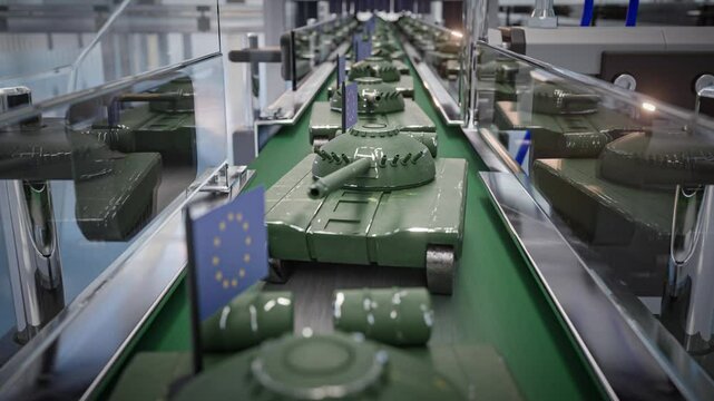 Miniature tanks on an assembly line symbolize the European Union&rsquo;s industrial rearmament. A conceptual vision of automation and mass production in modern military manufacturing.