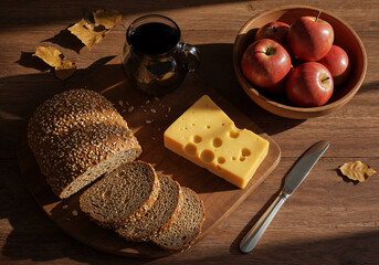 Artisanal Bread and Cheese on Rustic Wooden Table &ndash; Overhead View