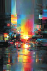 Vibrant City Sunset With Glitch Effect