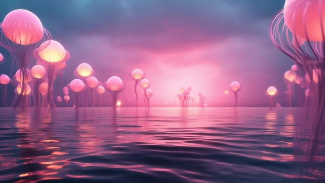Creative Surreal landscape with mountains and pink sea with floating luminous glowing pulsating spheres. Generative AI. original mental, emotional, and spiritual concept. 4K video footage