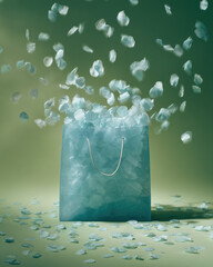Ice blue plastic bag placed at the center with soft gradient background, emphasizing its cool, minimalist appeal