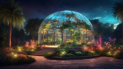 Fototapeta premium A glass dome botanical garden with glowing, AI-tended plants, Cinematic theme, HDR, Vibrant