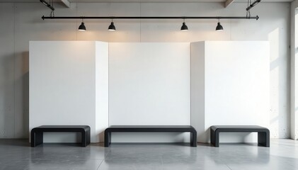 Blank white partitions, black benches, concrete floor, industrial gallery Ad space mockup , business, visual merchandising, concrete