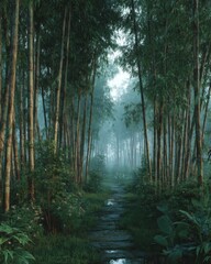 Obraz premium Misty Forest Path: Green Trees and Stone Walkway