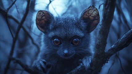 Portrait of a small, wide-eyed nocturnal creature clinging to a tree branch in the eerie blue light of the night forest