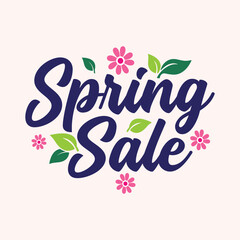 Spring sale beautiful hand drawn lettering greeting card with flowers and leaves on background. Spring time special offer logotype sticker, label, tag. Spring sale typography banner, poster, template © Ashek Vector