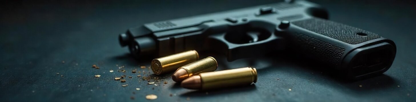 Close-up of a loaded handgun, ammunition visible, on a dark surface, emphasizing the dangerous nature of readily available weapons ,  object,  still life