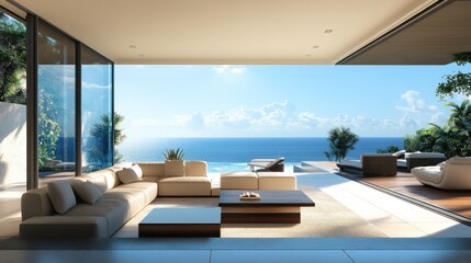 Fototapeta premium Luxurious living area with panoramic ocean view and coastal modern design