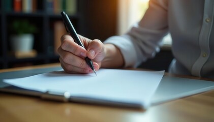 Close-up hand scribbling notes on notepad atop sleek laptop, soft focus background, gadget, productivity, focus