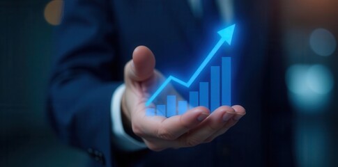 Close-up of hand indicating rising financial graphs, blue glow , income, profit, analytics