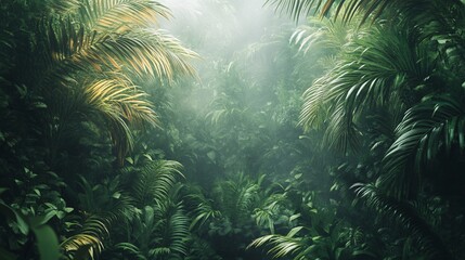 Mysterious and dense tropical jungle landscape with lush green foliage and sunlight filtering through the morning fog