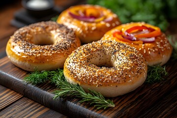 Freshly Baked Assorted Bagels with Herbs on Rustic Wooden Board