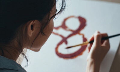 A young woman paints elegant brush strokes on a white wall, reflecting focus, calm creativity, and expressive design in motion.

