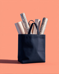 Matte navy reusable tote filled with minimal white accents, providing a chic, understated option for modern shoppers