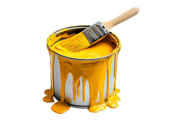 Open paint can and brush with dripping isolated on transparent background