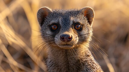 Intimate wildlife portrait of a curious banded mongoose with big eyes looking directly at the camera in its natural African savanna habitat