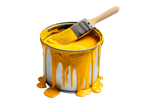 Open paint can and brush with dripping isolated on transparent background