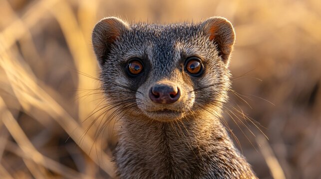 Intimate wildlife portrait of a curious banded mongoose with big eyes looking directly at the camera in its natural African savanna habitat