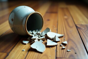 Shattered ceramic vase on wooden floor, pieces scattered Close-up view , home, dropped