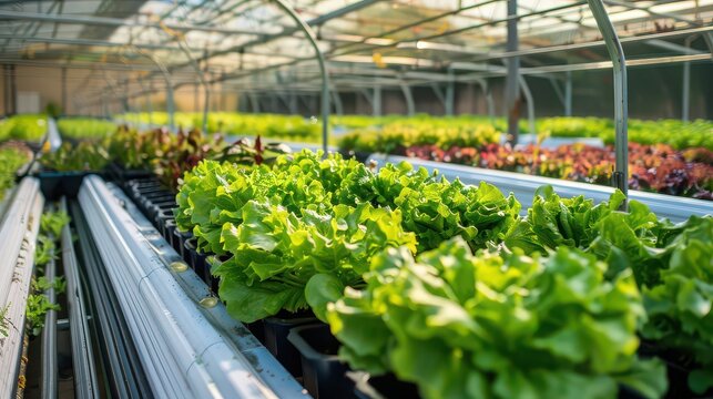 Close up of rows of lettuce growing inside of a greenhouse with a translucent roof and metal supports