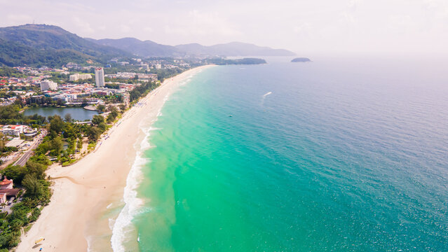 Aerial Top view Clean and beautiful Kata Karon beach Phuket Thailand, southern of Thailand,Patong beach is a very famous tourist destination in Phuket