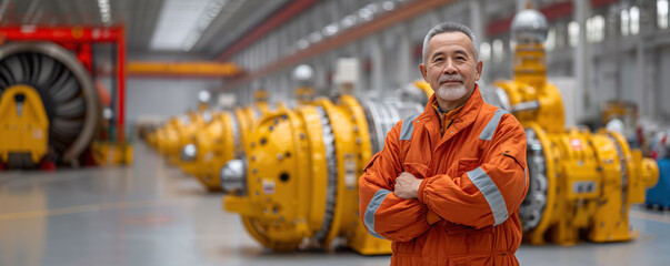 Fototapeta premium Engineer is overseeing the operation of large machinery in a spacious factory, ensuring everything runs smoothly and efficiently