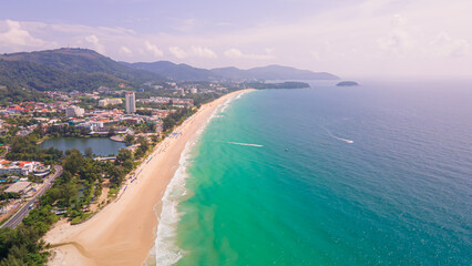 Aerial Top view Clean and beautiful Kata Karon beach Phuket Thailand, southern of Thailand,Patong beach is a very famous tourist destination in Phuket
