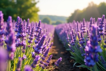 Rows of vibrant purple lavender flowers sway gently in a sun-drenched field , Toscany, purple