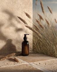 Outdoor editorial featuring a sleek serum pump in a natural setting, highlighting beauty and freshness in a minimalist style