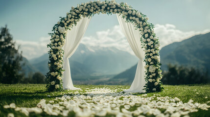outdoor wedding ceremony setting, floral arch made of white roses and greenery, romantic mountain landscape in the background, soft natural lighting, petals scattered on the grass, elegant white