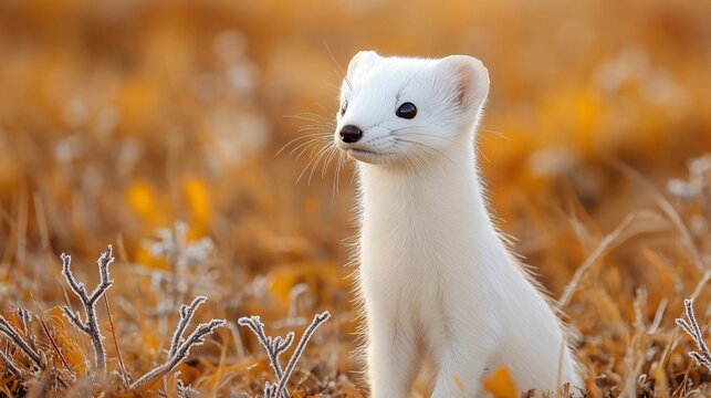 An adorable white ermine stoat in its winter fur sitting alertly among frosted golden grasses in a natural wildlife habitat