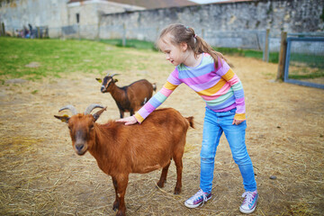 Adorable preschooler girl playing with little goats on a farm.