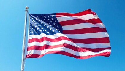 Close-up of a crisp, waving American flag against a clear blue sky , independence, celebration