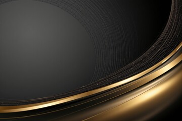 Abstract close-up of a smooth dark circular surface with golden rim and textured details, modern minimalistic design element for technology or luxury themes