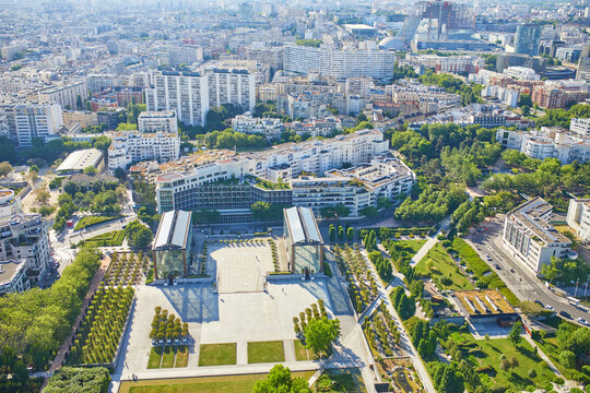 Aerial view of Parc Andre Citroen in 15th arrondissement of Paris, France.