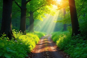 Obraz premium Sun-drenched forest path winds through lush greenery, dappled sunlight filtering through leaves, creating a magical summer scene Perfect for travel, nature, and summer themes , bright, calm