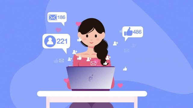 Girl Using Social Media on a Laptop tracking Likes Messages Emails and follower count Flat Design Character Animation