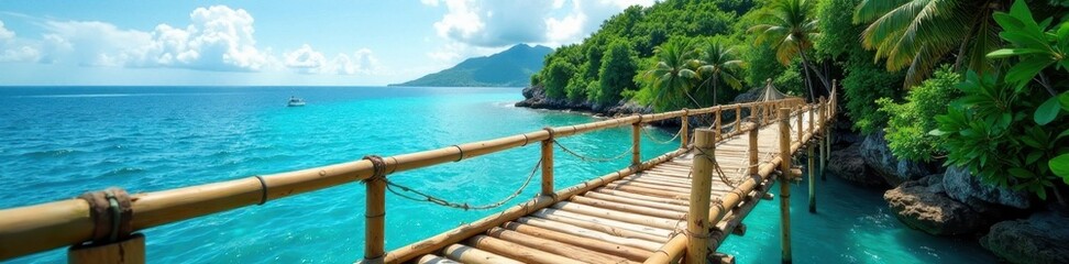 Precariously swaying bamboo bridge spans turquoise sea to lush island , bamboo, tropical island, leaves