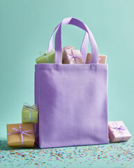 Photo of a pastel violet reusable shopping bag, capturing the soft elegance and practicality of eco-friendly fashion