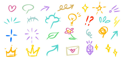 Hand drawn crayon child pencil style icon set. Cute arrows, heart, crown, flower and leaf in colorful kid doodle style. Chalk texture, cloud, smile, star and sketch figure for play or school design