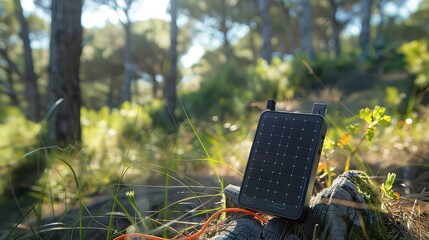 Solar panel device resting on a mossy log in a forest with trees and green foliage in the background