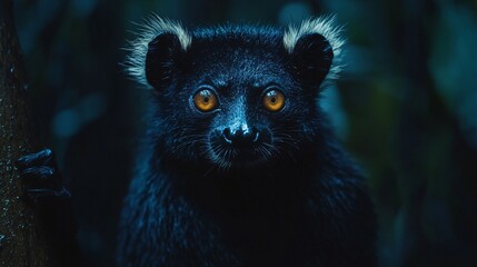 Naklejka premium Mysterious black lemur with intense, glowing amber eyes staring from the darkness of its natural habitat at night